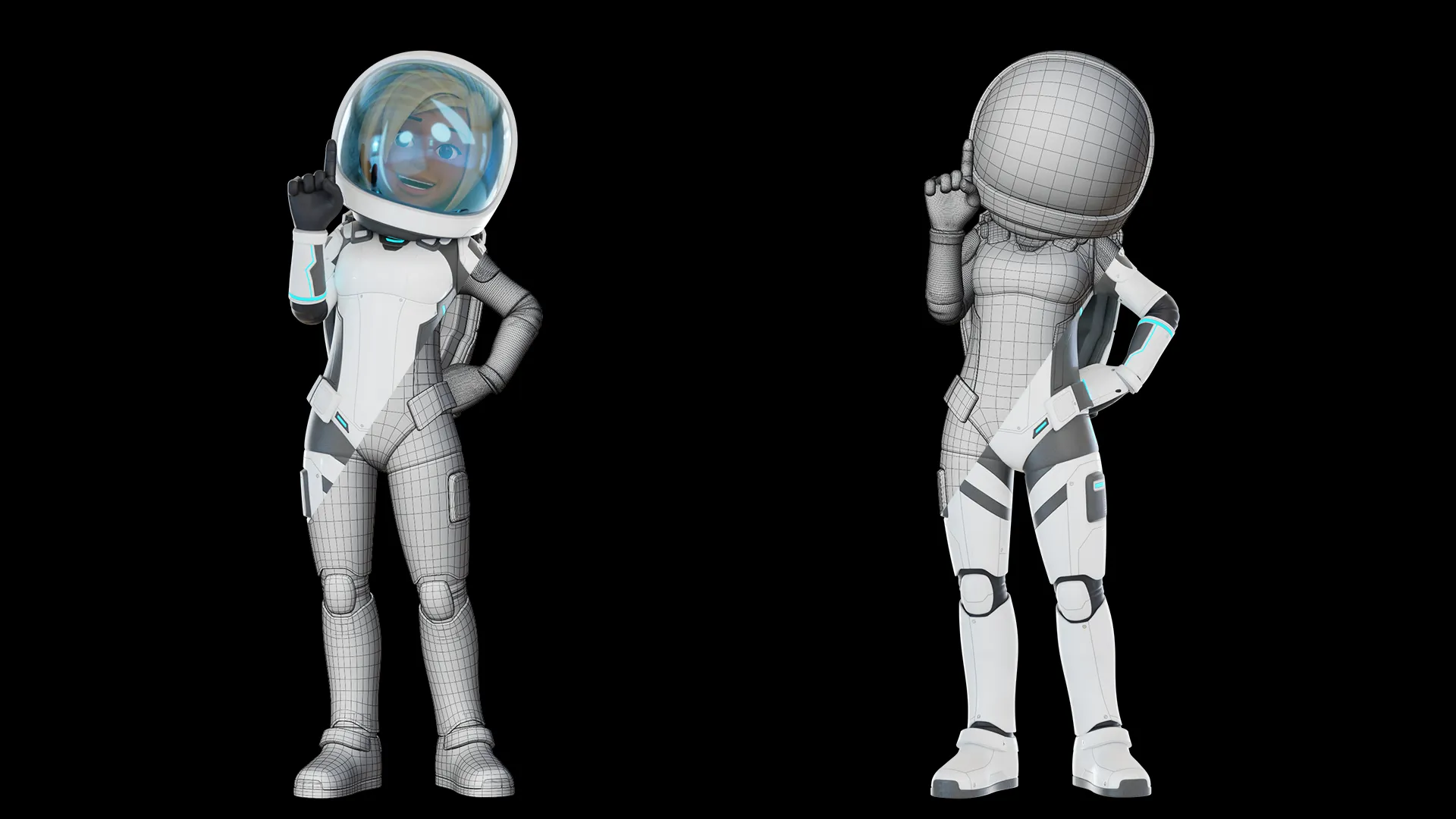 Cartoon Female Astronaut clean low-poly quad mesh showing organized topology on the suit, helmet, hands, and body